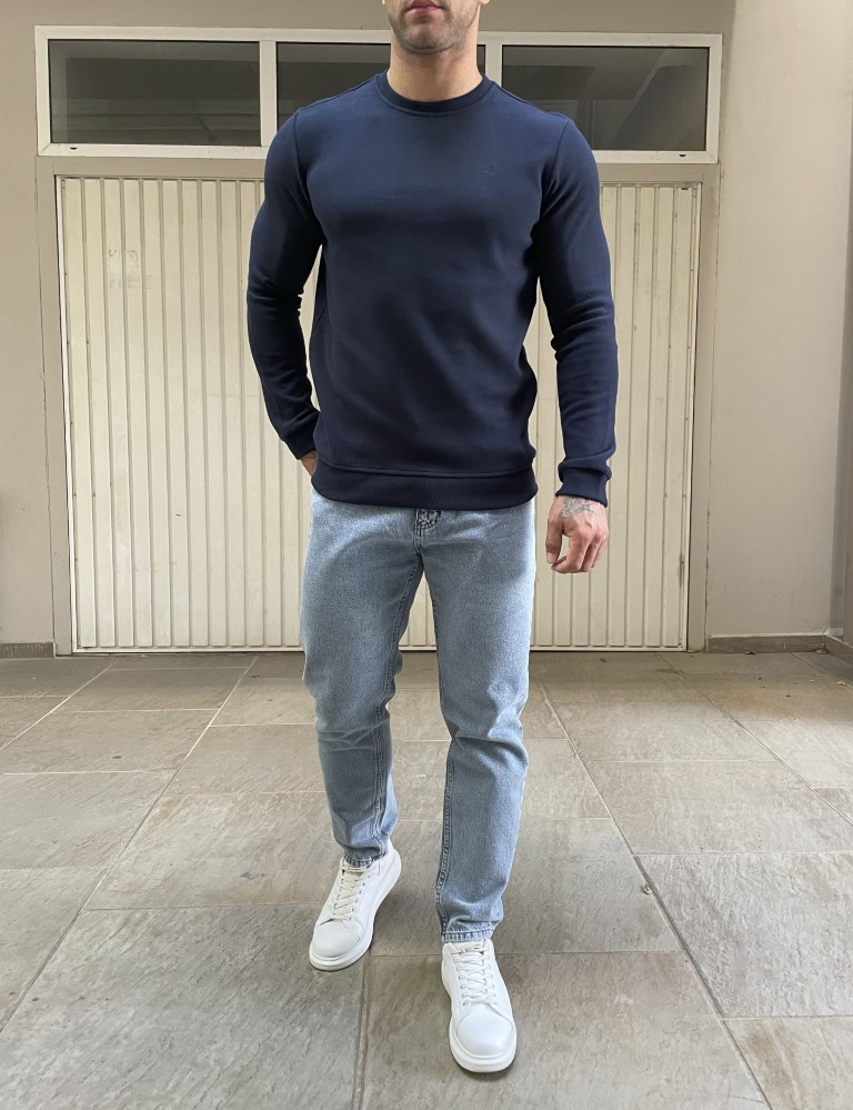 Ανδρική μπλε πλεκτή βαμβακερή μακρυμάνικη μπλούζα plus size 2308N φωτογραφία